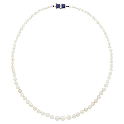 Lot 1128 - Natural Pearl Necklace with Platinum, Sapphire and Diamond Clasp
