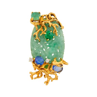 Lot 1100 - Seaman Schepps Gold, Carved Jade, Cabochon Emerald and Sapphire and Diamond Clip-Brooch