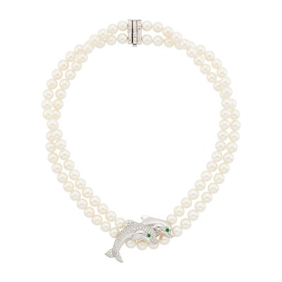 Lot 1137 - Cartier Double Strand Cultured Pearl, White Gold and Diamond Dolphin Necklace, France