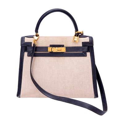 Lot 1179 - Hermès Navy Blue Leather and Toile 'Kelly' 28 Bag