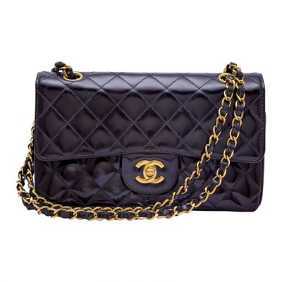 Lot 1165 - Chanel Black Patent Leather Double Flap Bag