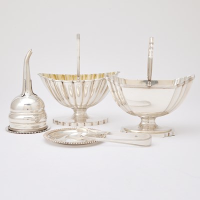 Lot 680 - Two George III Sterling Silver Sugar Baskets, Wine Funnel and Stand and Pair of Sugar Tongs