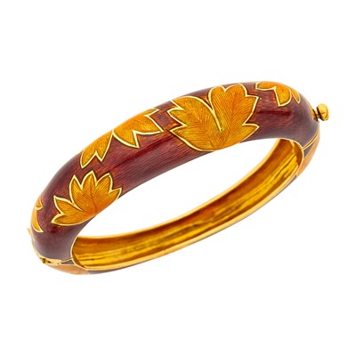 Lot 1092 - Gold and Enamel Leaf Bangle Bracelet