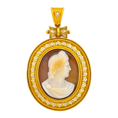 Lot 1027 - Antique Gold, Sardonyx Cameo and White Enamel Pendant