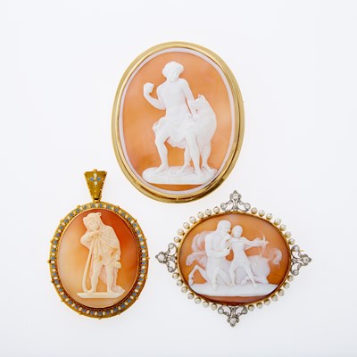 Lot 3165 - Two Gold, Platinum, Shell Cameo, Pearl, Enamel and Diamond Brooches and Pendant