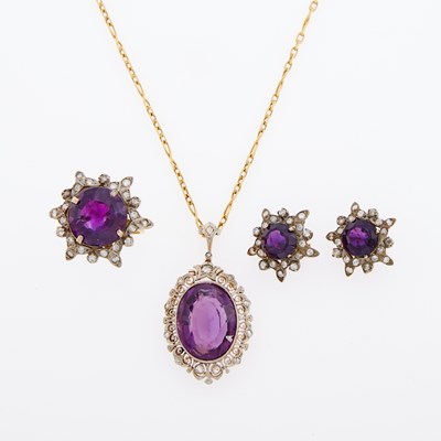 Lot 2152 - Silver, Gold, Amethyst and Diamond Pendant with Chain Necklace, Pair of Earclips and Ring