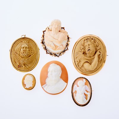 Lot 3177 - Six Gold, Gilt-Metal, Shell, Coral and Lava Cameos
