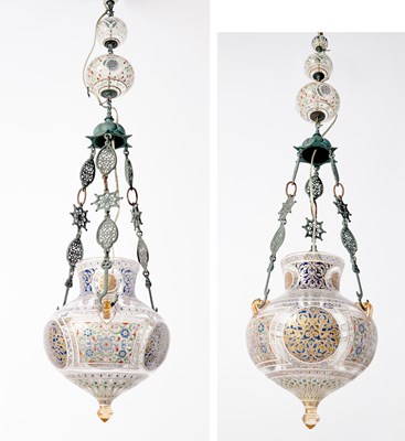 Lot 597 - Two Egyptian Enameled Glass Oil Lamps