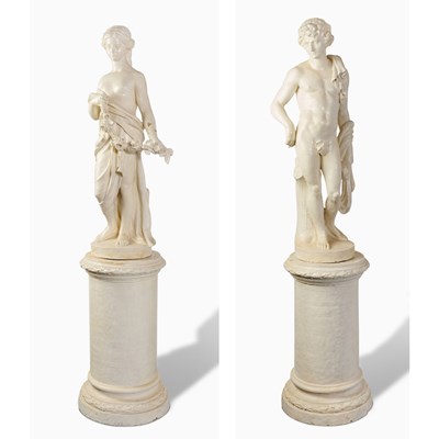 Lot 519 - Pair of Italian White-Painted Terracotta Figures of a Maiden and a Youth on Pedestals