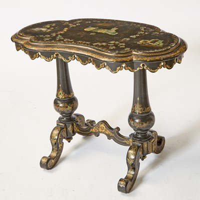 Lot 537 - Victorian Black Lacquer, Mother-of-Pearl-Inlaid and Papier-Mâché Trestle Table