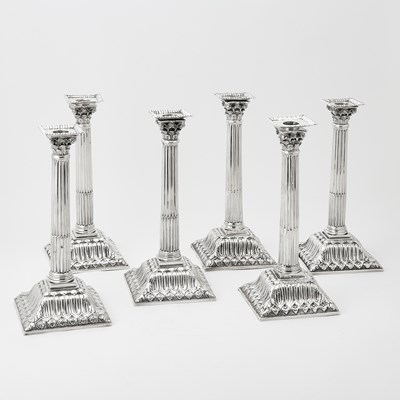 Lot 103 - Assembled Set of Six George III Sterling Silver Candlesticks