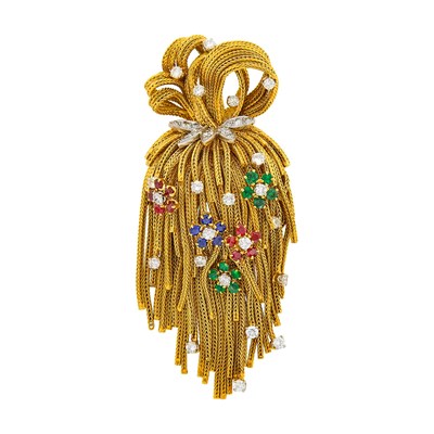 Lot 1045 - Roland Barrey Gold, Gem-Set and Diamond Fringe Clip-Brooch, France