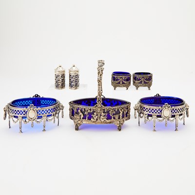 Lot 201 - Group of English and Continental Silver, Silver Plate and Blue Glass Table Articles