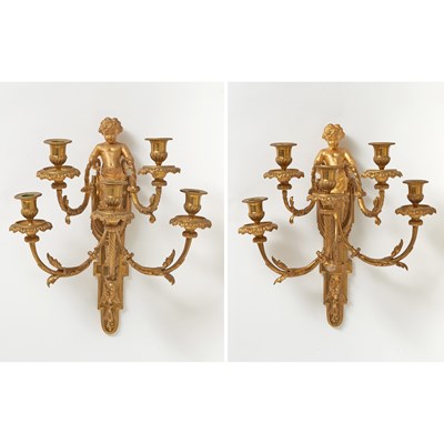 Lot 179 - Pair of Bronze Cupid Five-Light Wall Lights
