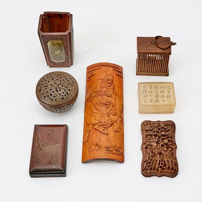 Lot 100 - Seven Chinese Wood, Bamboo and Hardstone Scholar's Objects