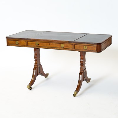 Lot 511 - Chinese Export Gilt-Tooled Leather Lined Cedrela (Mahogany) Library Table
