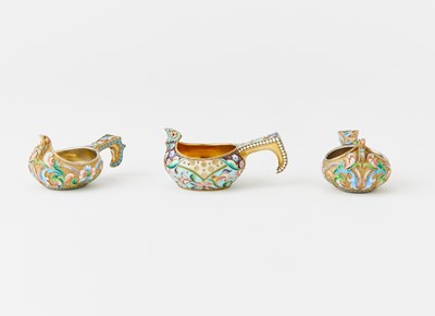 Lot 92 - Three Russian Silver-Gilt and Cloisonné Enamel Kovshi