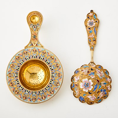 Lot 218 - Russian Silver-Gilt and Cloisonné Enamel Serving Spoon and Strainer