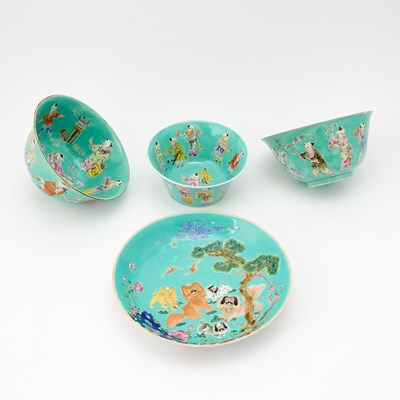 Lot 300 - A Group of Chinese Turquoise Ground Enameled Porcelain Articles