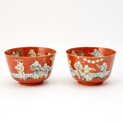 Lot 249 - A Pair of Chinese Coral Ground Porcelain Bowls