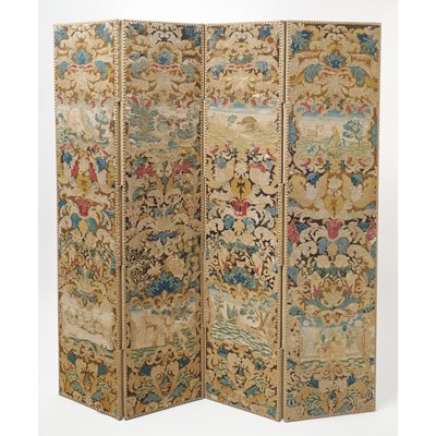 Lot 423 - Queen Anne Four-Panel Needlepoint Lined Chamber Screen