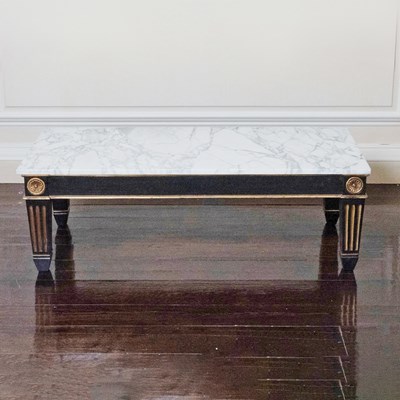 Lot 227 - Louis XVI Style Black Painted and Parcel Gilt Low Table with a White Marble Top