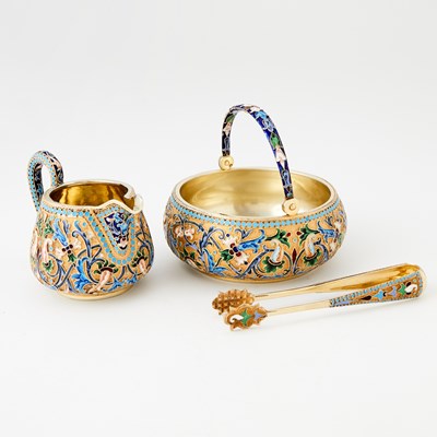 Lot 331 - Russian Silver-Gilt and Cloisonné Enamel Sugar Bowl, Cream Jug and Associated Sugar Tongs