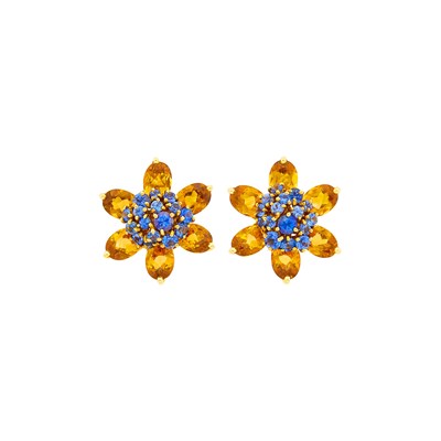 Lot 31 - Van Cleef & Arpels Pair of Gold, Citrine and Sapphire Flower Earclips, France
