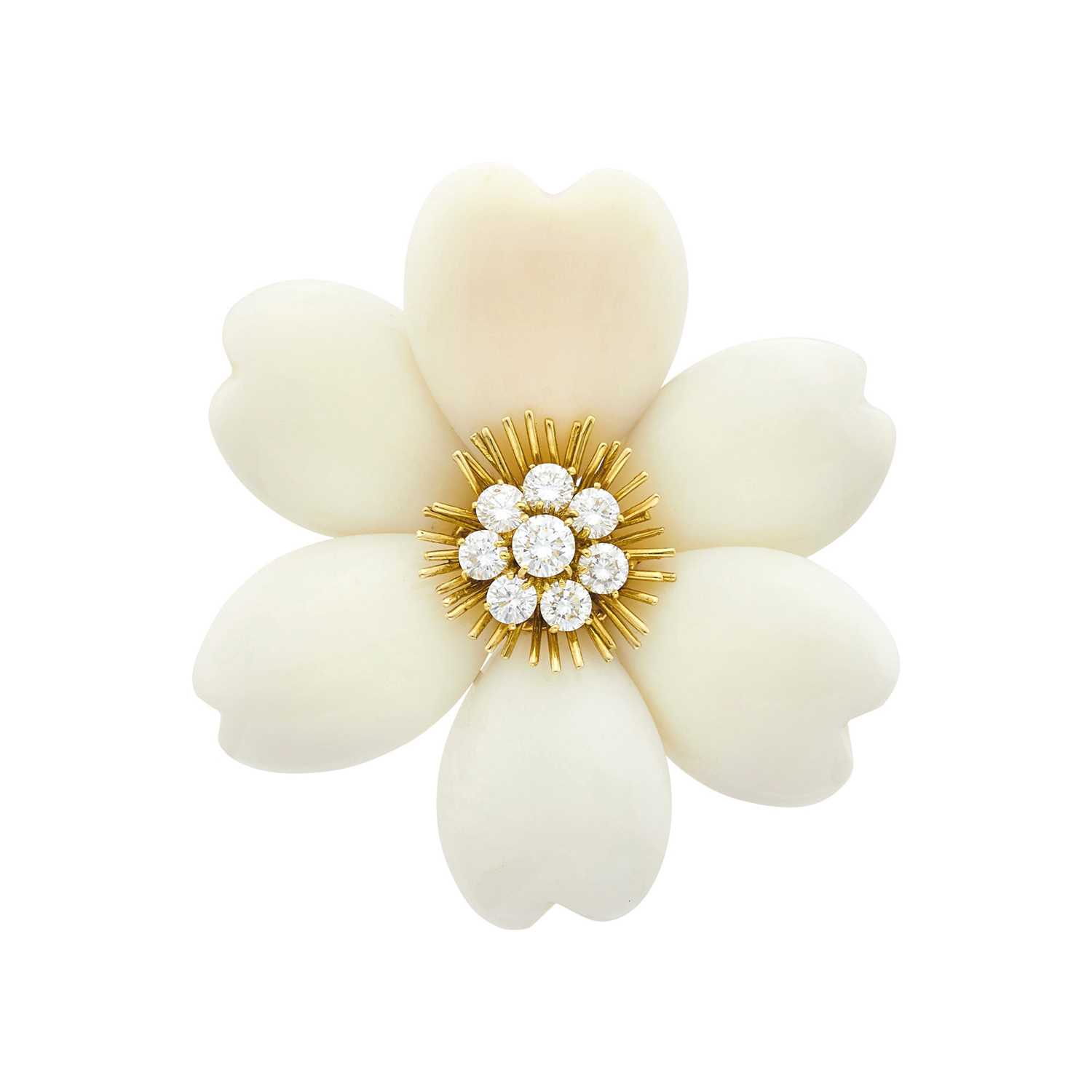 Lot 2092 - Carved White Coral, Gold and Diamond Flower Clip-Brooch