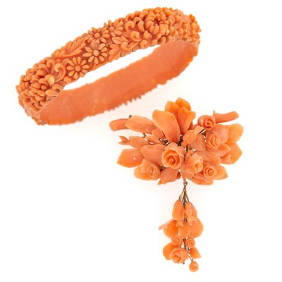 Lot 2150 - Antique Carved Coral and Gold Floral Brooch Fragment and Bangle Bracelet