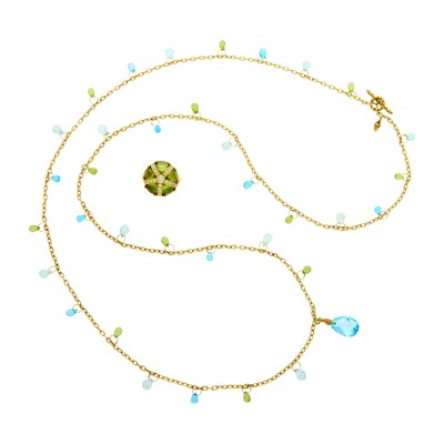 Lot 198 - Gold, Blue Topaz, Aquamarine and Peridot Briolette Fringe Pendant-Necklace and Ring