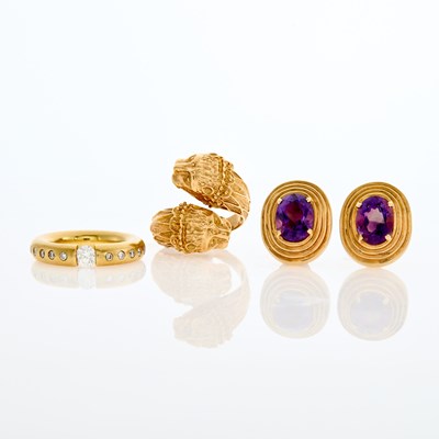 Lot 215 - Gold and Diamond Ring, Gold Lion Head Ring and Pair of Amethyst Earrings