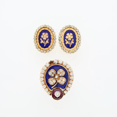 Lot 157 - Antique Gold, Blue Enamel and Diamond Ring and Pair of Earclips