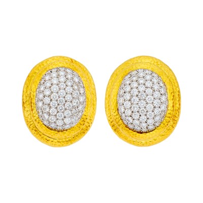 Lot 57 - David Webb Pair of Hammered Gold, Platinum and Diamond Earclips