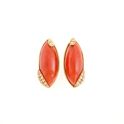Lot 6 - Pair of Gold, Coral and Diamond Earclips