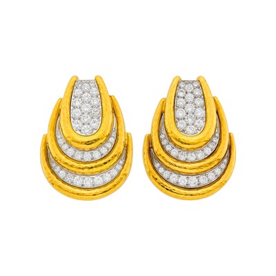 Lot 75 - David Webb Pair of Hammered Gold, Platinum and Diamond Earclips