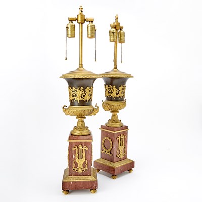 Lot 394 - Pair of Empire Style Gilt Bronze Mounted Patinated Metal Table Lamps
