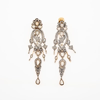 Lot 141 - Pair of Silver, Gold and Foil-Backed Diamond Pendant-Earclips
