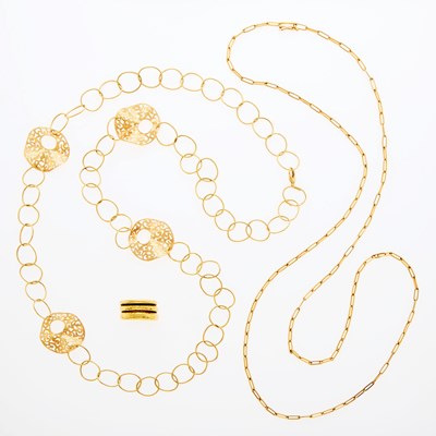Lot 204 - Two Long Gold Chain Necklaces and H. Stern Hammered Gold Ring