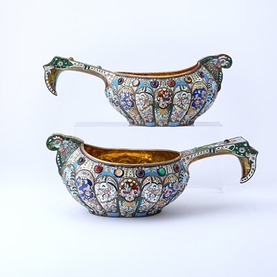 Lot 227 - Pair of Russian Style Silver Plated and Cloisonné Enamel Kovshi