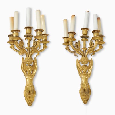 Lot 212 - Pair of Empire Ormolu Figural Five-Branch Wall-Lights