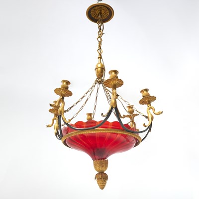 Lot 218 - Russian Neoclassical Gilt and Patinated Bronze Mounted Amber-Stained Glass Six-Light Chandelier