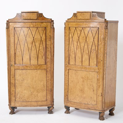 Lot 210 - Pair of Baltic Neoclassical Parcel Ebonized and Amaranth Inlaid Karelian Birchwood Cabinets