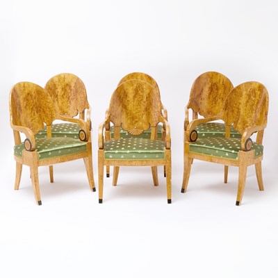 Lot 237 - Set of Six Russian Neoclassical Style Parcel Ebonized Karelian Birchwood Armchairs