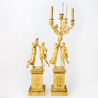 Lot 217 - A Pair of Empire Ormolu Five-Light Figural Candelabra, One Incomplete