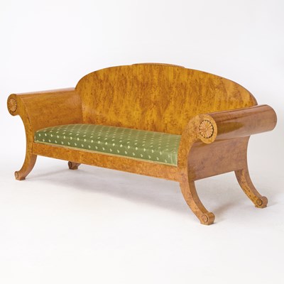 Lot 236 - Russian Neoclassical Style Upholstered Karelian Birchwood Sofa