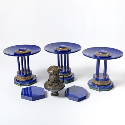 Lot 253 - Set of Three Russian Neoclassical Style Silvered Metal and Lapis Lazuli Circular Tazze