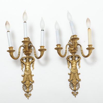 Lot 233 - Pair of Empire Ormolu Figural Three-Branch Wall-Lights