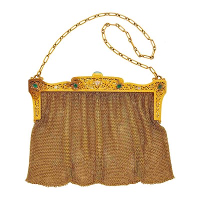 Lot 1066 - Antique Gold, Emerald and Diamond Mesh Evening Bag