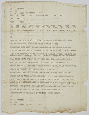Lot 120 - WWII Allied telegram announcing Germany's unconditional surrender